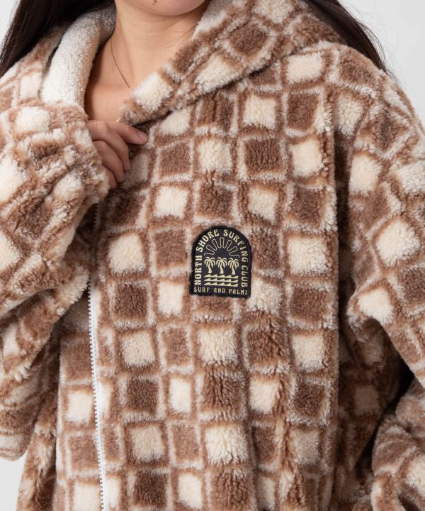Retro Surf Check Hooded Boa Jacket - SURF＆Palms by Kahiko - Ametsuchi