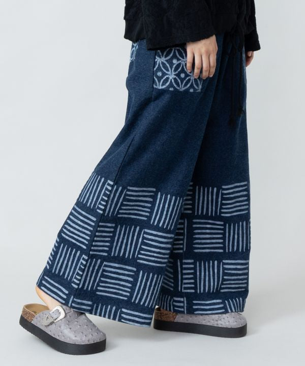 Block Print Pattern Denim Pants