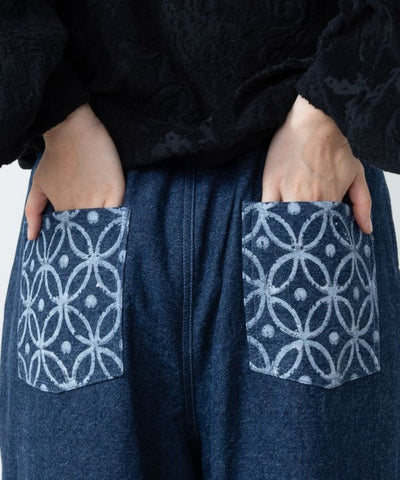 Block Print Pattern Denim Pants
