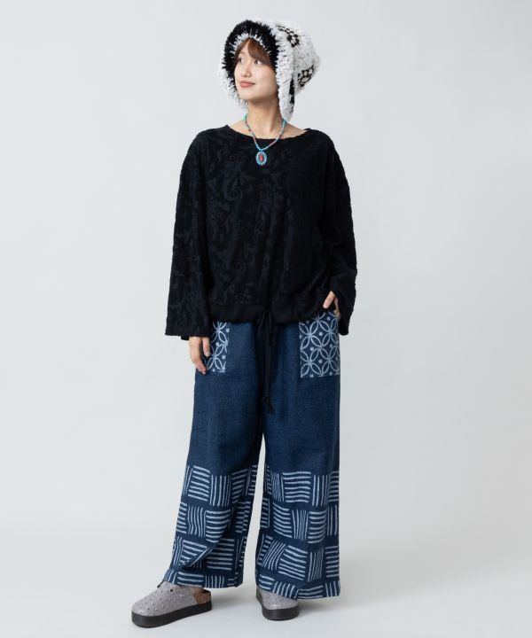 Block Print Pattern Denim Pants
