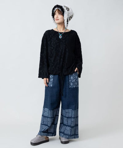 Block Print Pattern Denim Pants