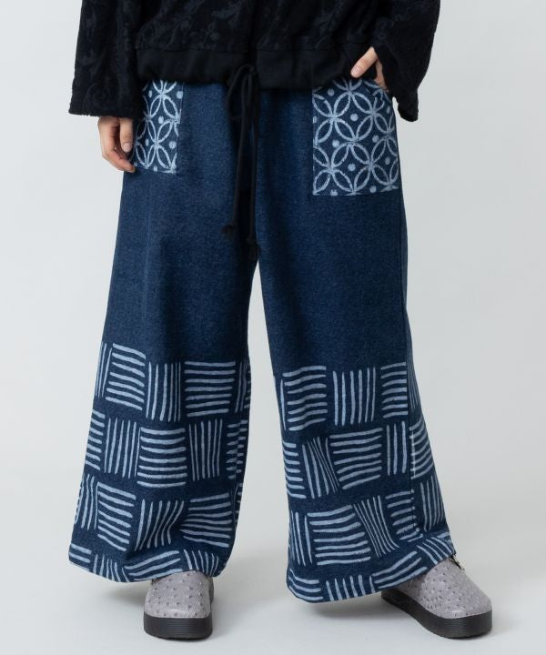 Block Print Pattern Denim Pants
