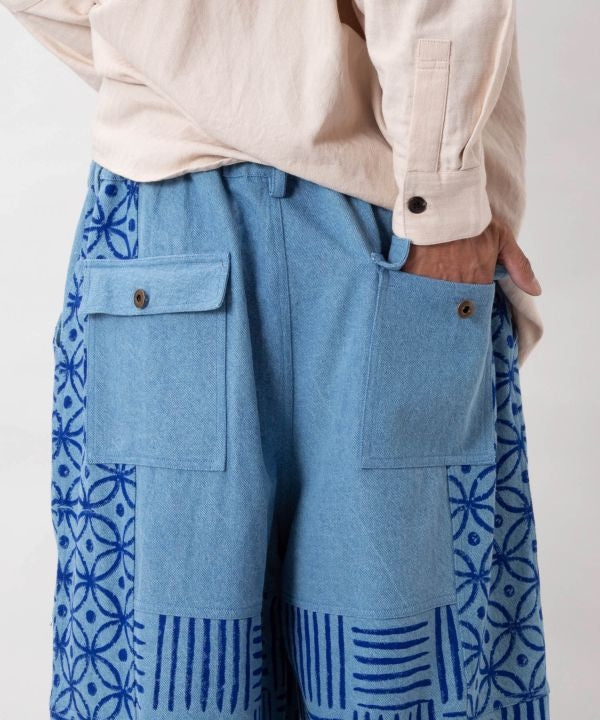 Block Print Pattern Denim Pants for Men