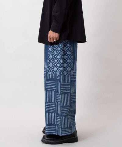 Block Print Pattern Denim Pants for Men