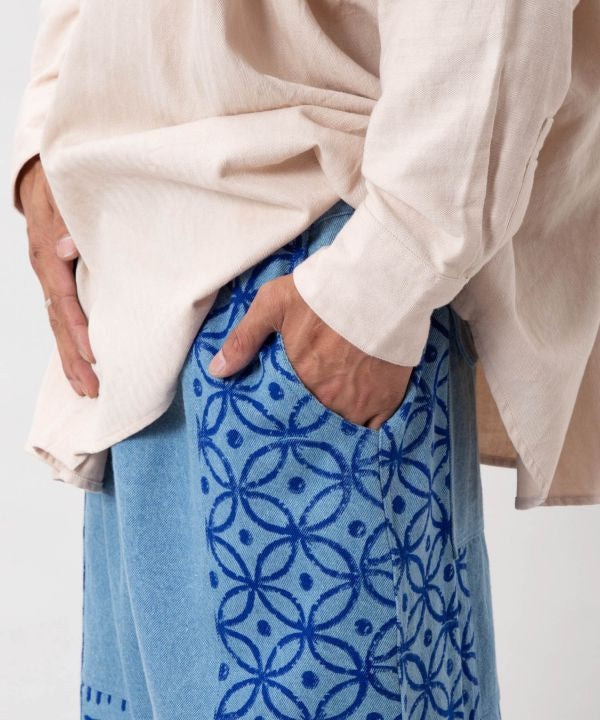 Block Print Pattern Denim Pants for Men