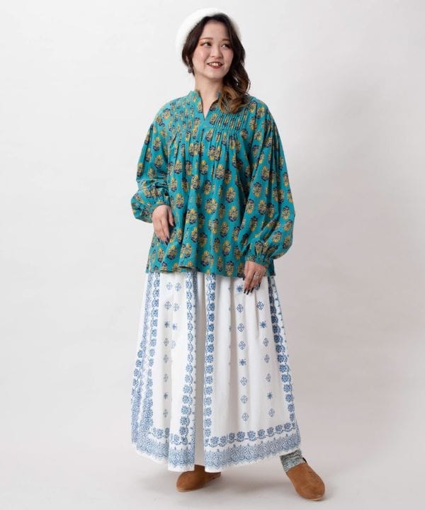 Block Print Corduroy Flare Skirt by AMINA - Ametsuchi