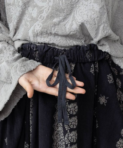 Block Print Corduroy Flare Skirt by AMINA - Ametsuchi