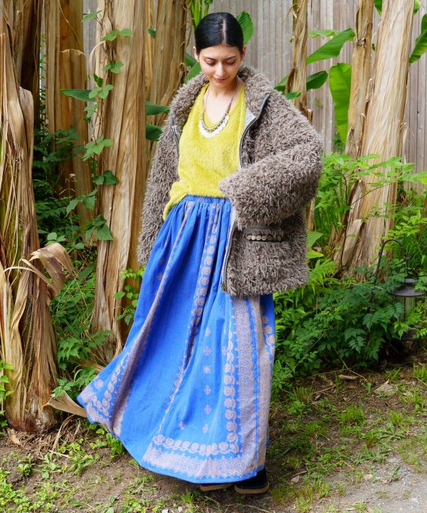 Block Print Corduroy Flare Skirt by AMINA - Ametsuchi