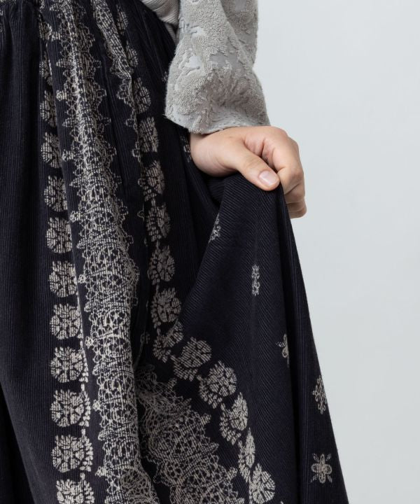 Block Print Corduroy Flare Skirt by AMINA - Ametsuchi