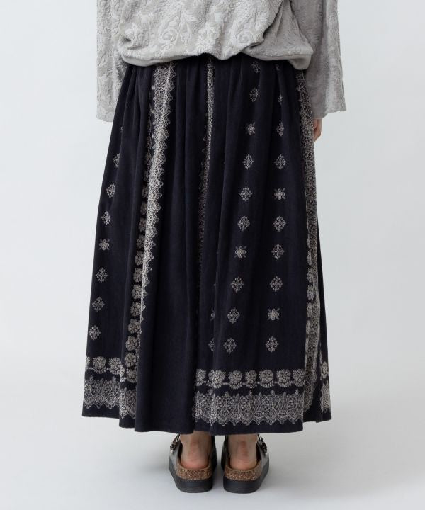 Block Print Corduroy Flare Skirt by AMINA - Ametsuchi