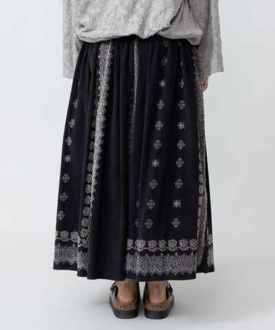Block Print Corduroy Flare Skirt by AMINA - Ametsuchi