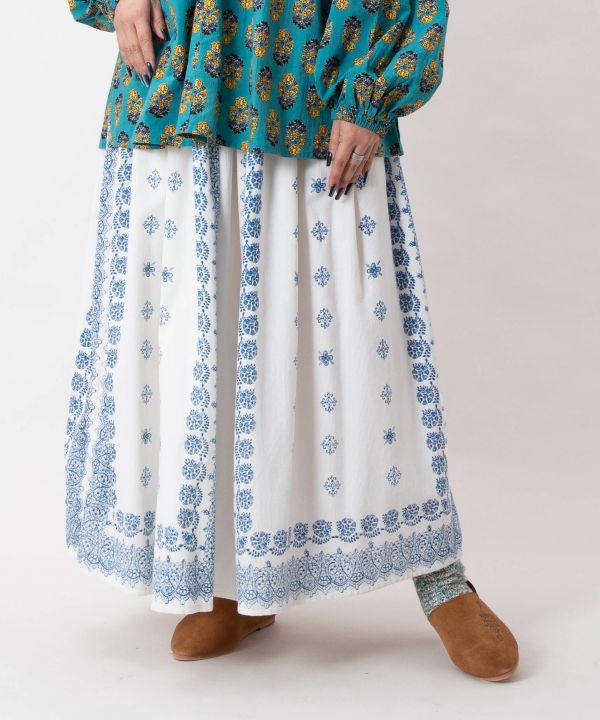 Block Print Corduroy Flare Skirt by AMINA - Ametsuchi
