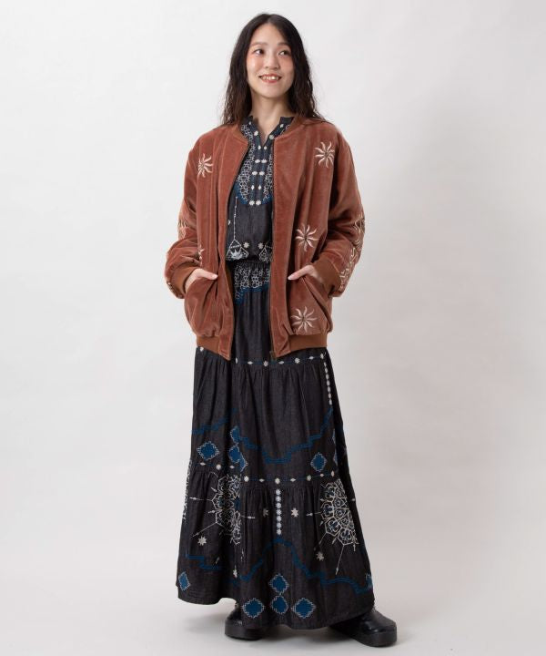 Bohemian Style Embroidered Tiered Denim Skirt