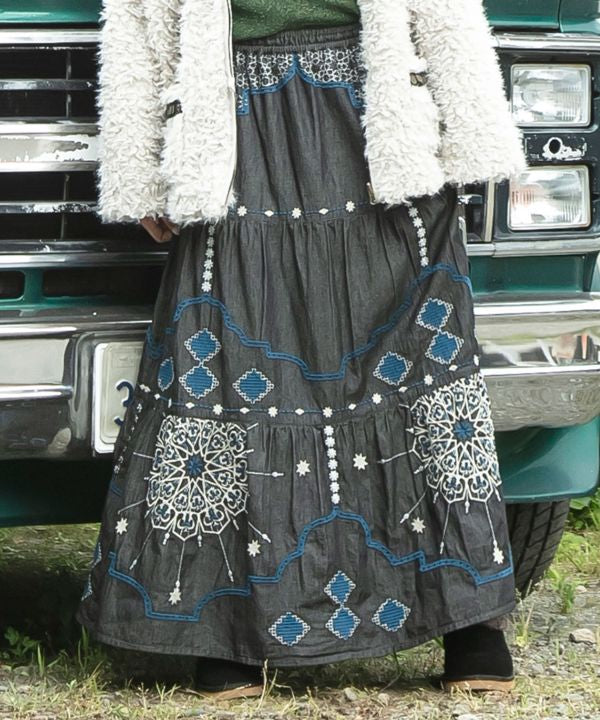 Bohemian Style Embroidered Tiered Denim Skirt