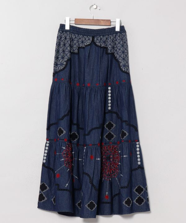 Bohemian Style Embroidered Tiered Denim Skirt