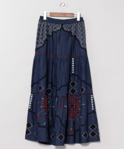 Bohemian Style Embroidered Tiered Denim Skirt