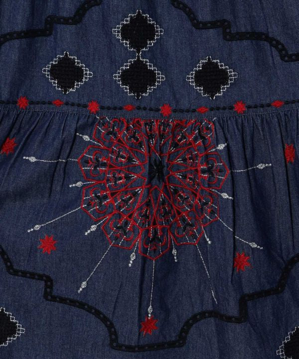 Bohemian Style Embroidered Tiered Denim Skirt