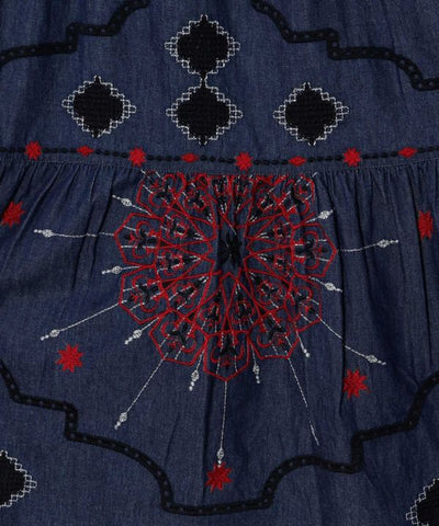 Bohemian Style Embroidered Tiered Denim Skirt