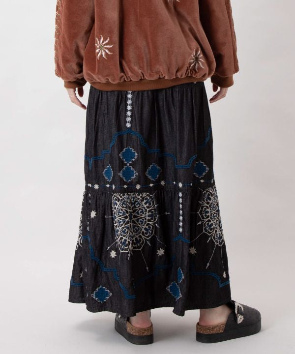 Bohemian Style Embroidered Tiered Denim Skirt