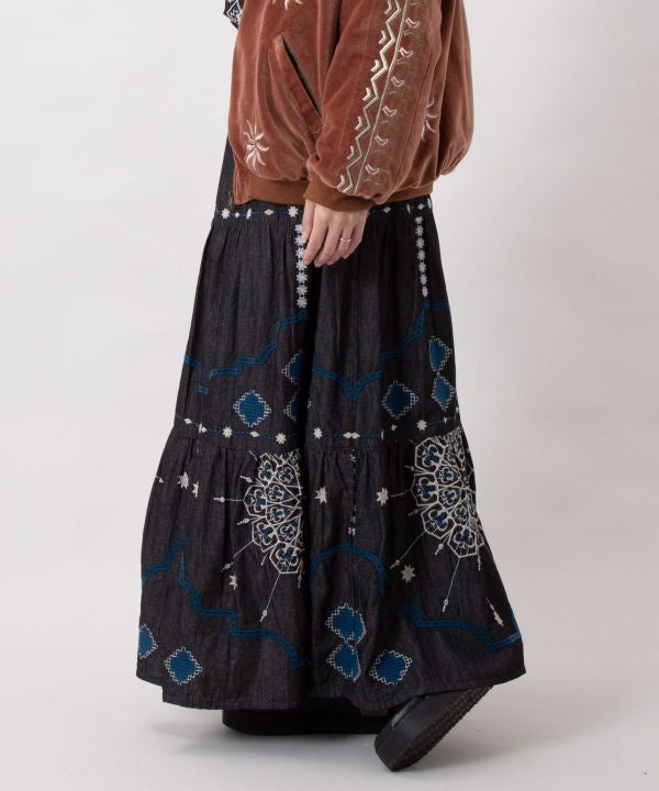 Bohemian Style Embroidered Tiered Denim Skirt