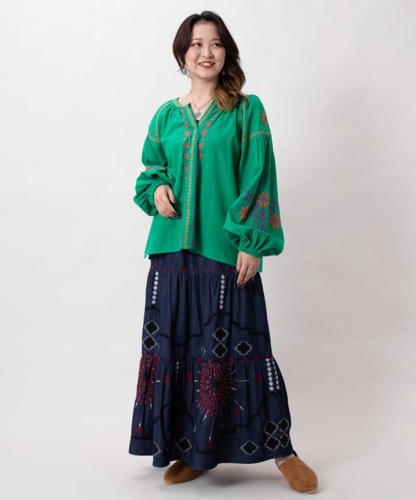 Bohemian Style Embroidered Tiered Denim Skirt