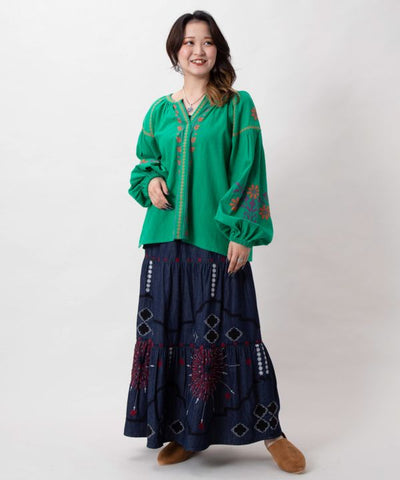 Bohemian Style Embroidered Tiered Denim Skirt