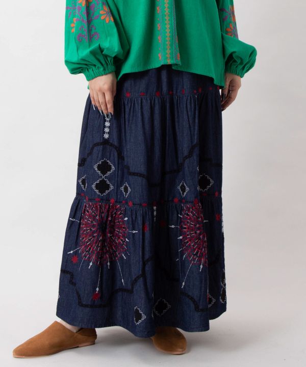 Bohemian Style Embroidered Tiered Denim Skirt