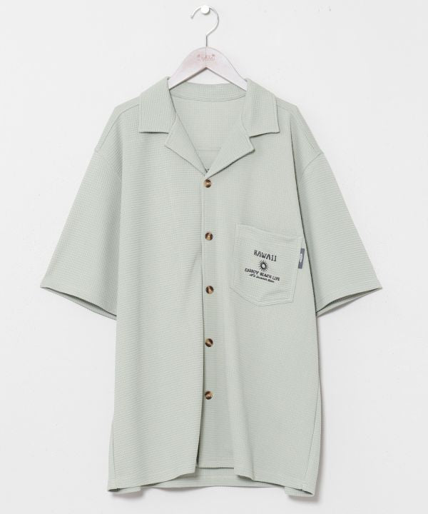 SURF＆Palms Waffle Embroidered Men Shirt by Kahiko - Ametsuchi
