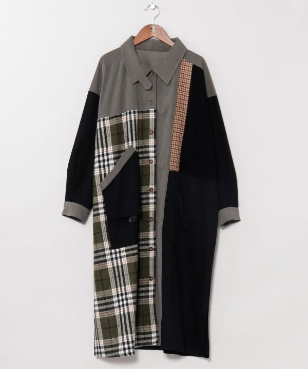 Corduroy Check Patchwork Shirt Dress by AMINA - Ametsuchi