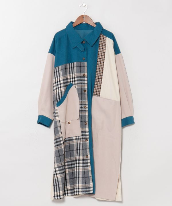 Corduroy Check Patchwork Shirt Dress by AMINA - Ametsuchi