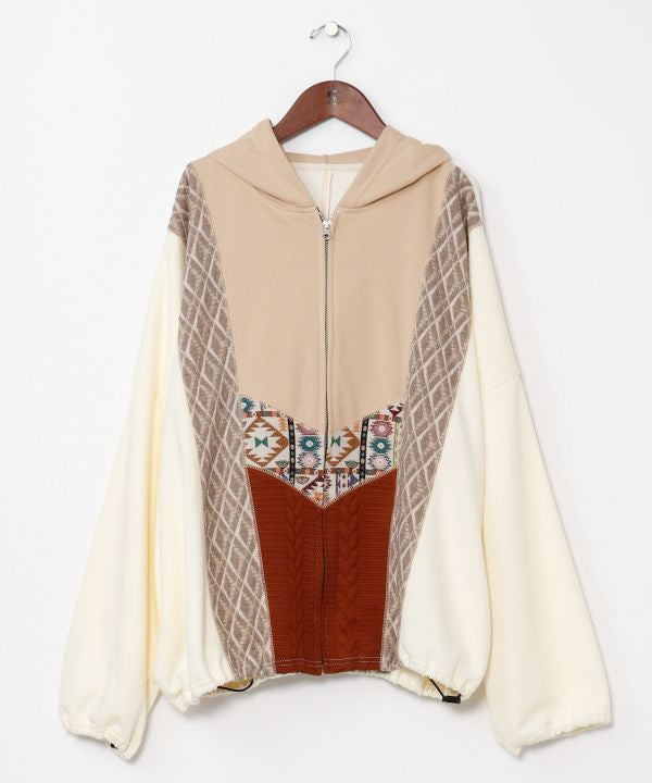 Patchwork Haif Zip Up Hoodie