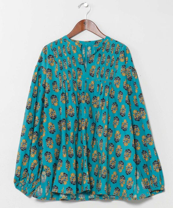 Indian Block Print Pattern Pintuck Top by AMINA - Ametsuchi