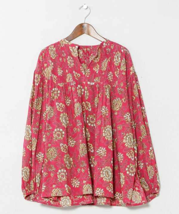 Indian Block Print Pattern Pintuck Top by AMINA - Ametsuchi
