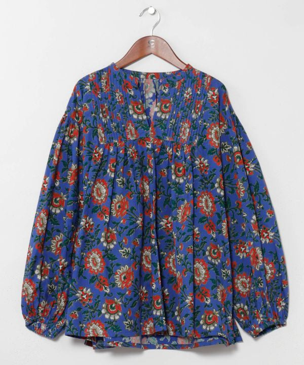 Indian Block Print Pattern Pintuck Top by AMINA - Ametsuchi