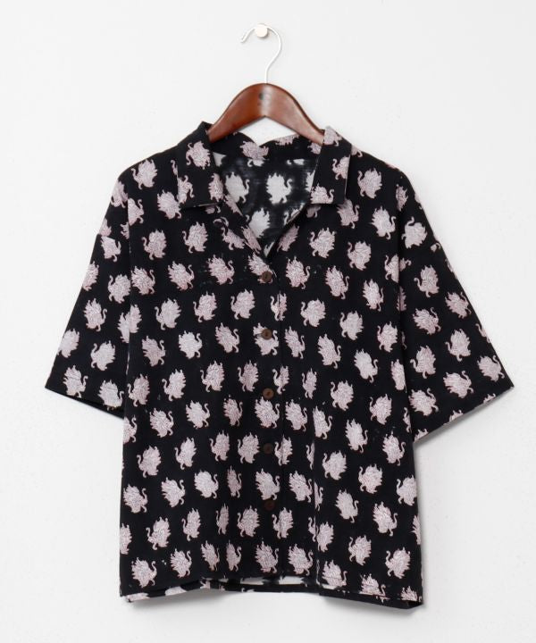 Tibetan Motif Open Collar Shirt