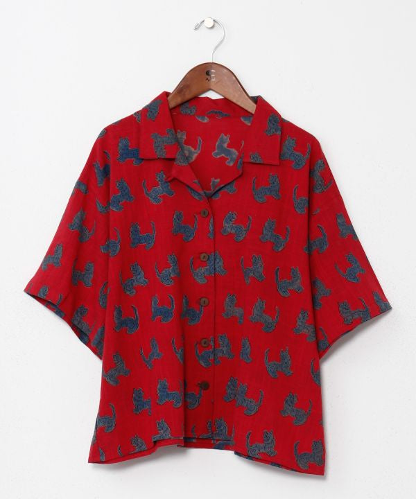 Tibetan Motif Open Collar Shirt