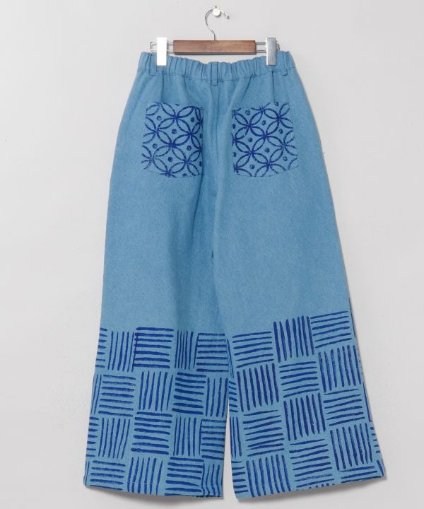 Block Print Pattern Denim Pants