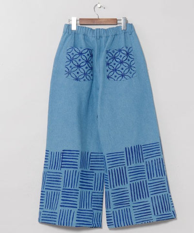 Block Print Pattern Denim Pants