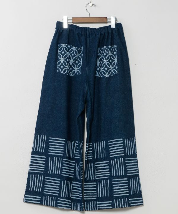 Block Print Pattern Denim Pants
