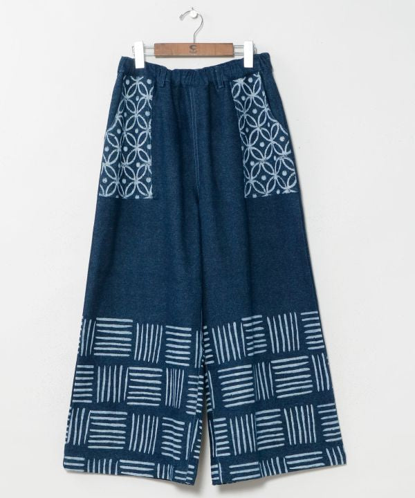 Block Print Pattern Denim Pants