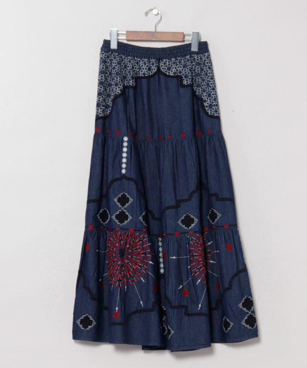 Bohemian Style Embroidered Tiered Denim Skirt