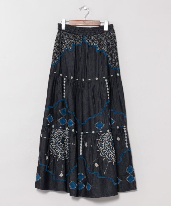 Bohemian Style Embroidered Tiered Denim Skirt