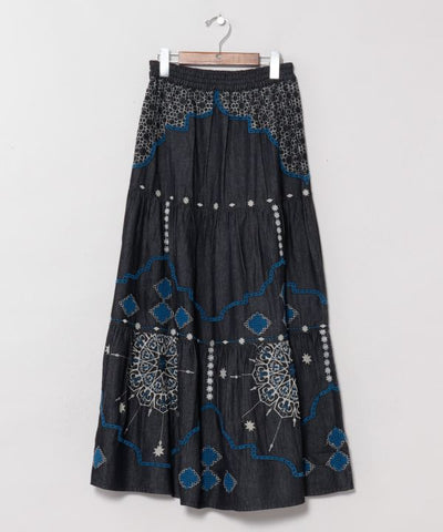 Bohemian Style Embroidered Tiered Denim Skirt