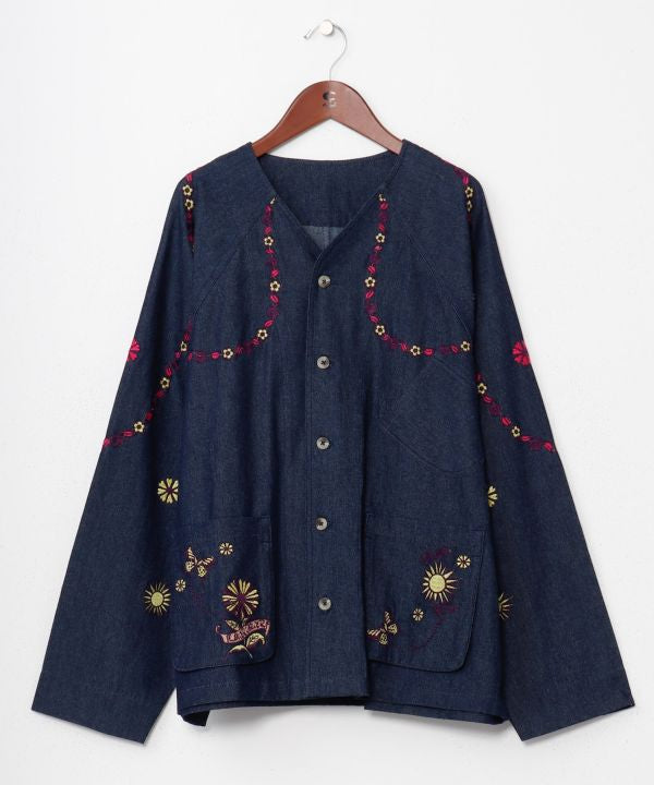 Men's Flower Embroidery Denim Cardigan Cardigans & Outerwear by AMINA - Ametsuchi